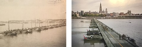 Past and present, the temporary pontoon bridge in Antwerp, Belgium.